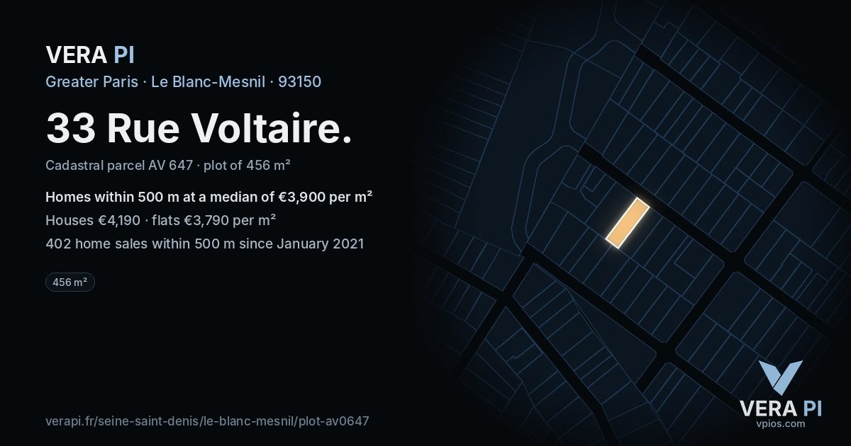 33 Rue Voltaire, Le Blanc-Mesnil at night – the plot lit, the parcels around coloured by the prices near them