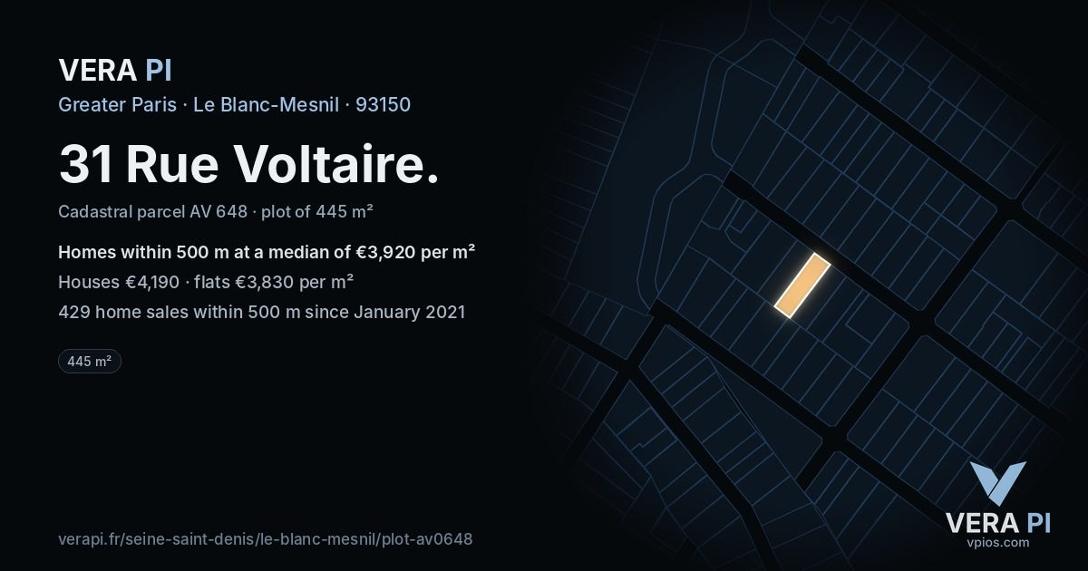 31 Rue Voltaire, Le Blanc-Mesnil at night – the plot lit, the parcels around coloured by the prices near them