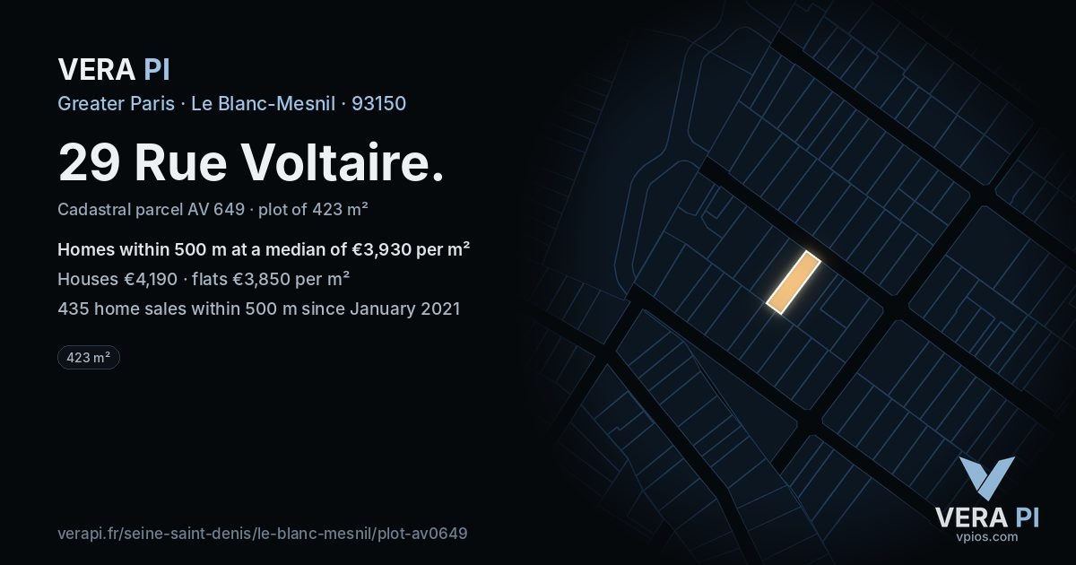 29 Rue Voltaire, Le Blanc-Mesnil at night – the plot lit, the parcels around coloured by the prices near them