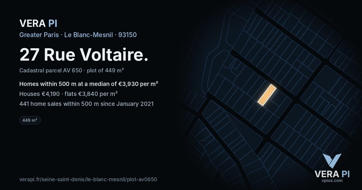 27 Rue Voltaire, Le Blanc-Mesnil at night – the plot lit, the parcels around coloured by the prices near them