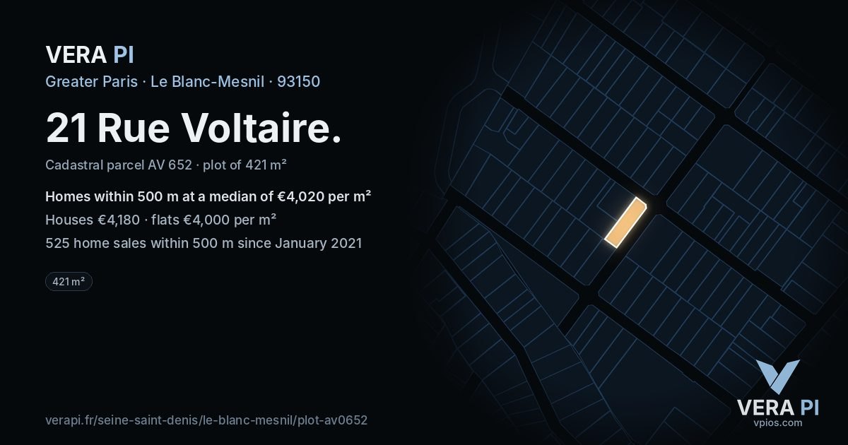 21 Rue Voltaire, Le Blanc-Mesnil at night – the plot lit, the parcels around coloured by the prices near them
