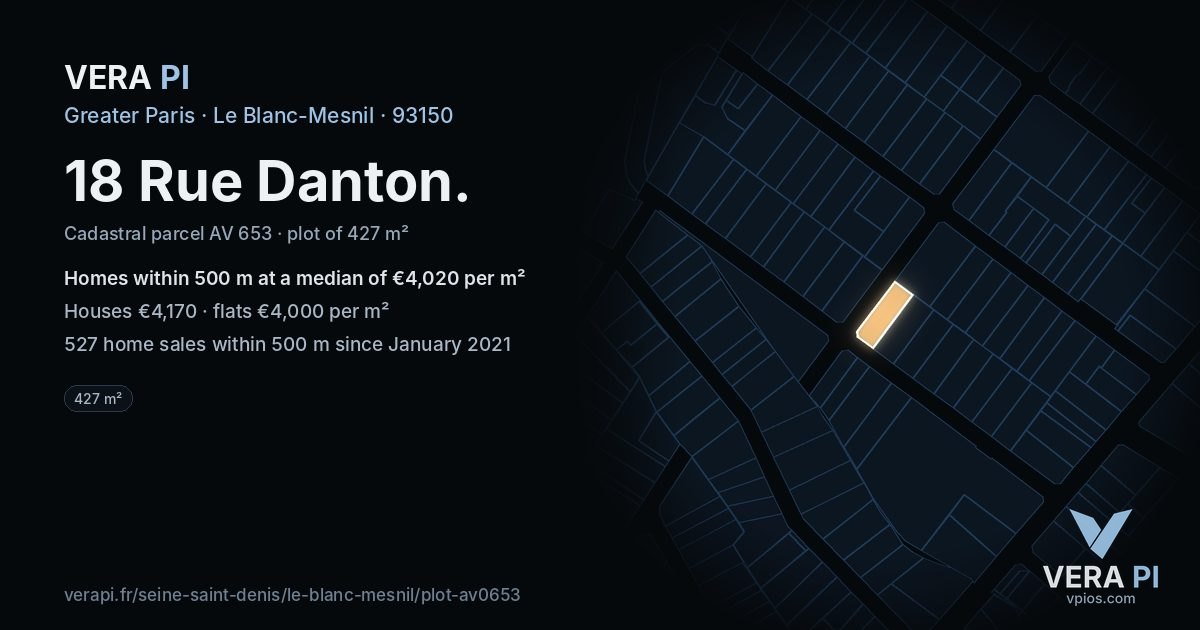 18 Rue Danton, Le Blanc-Mesnil at night – the plot lit, the parcels around coloured by the prices near them