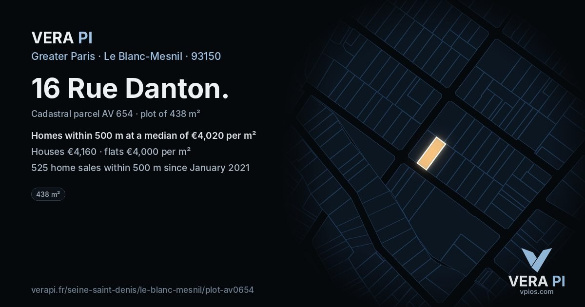 16 Rue Danton, Le Blanc-Mesnil at night – the plot lit, the parcels around coloured by the prices near them