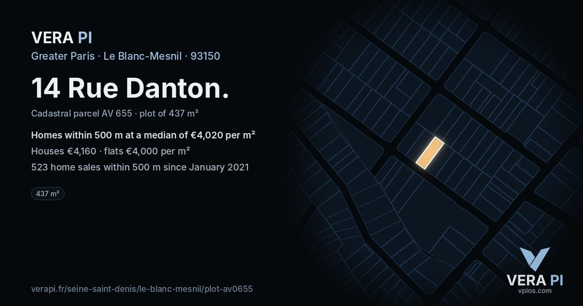 14 Rue Danton, Le Blanc-Mesnil at night – the plot lit, the parcels around coloured by the prices near them