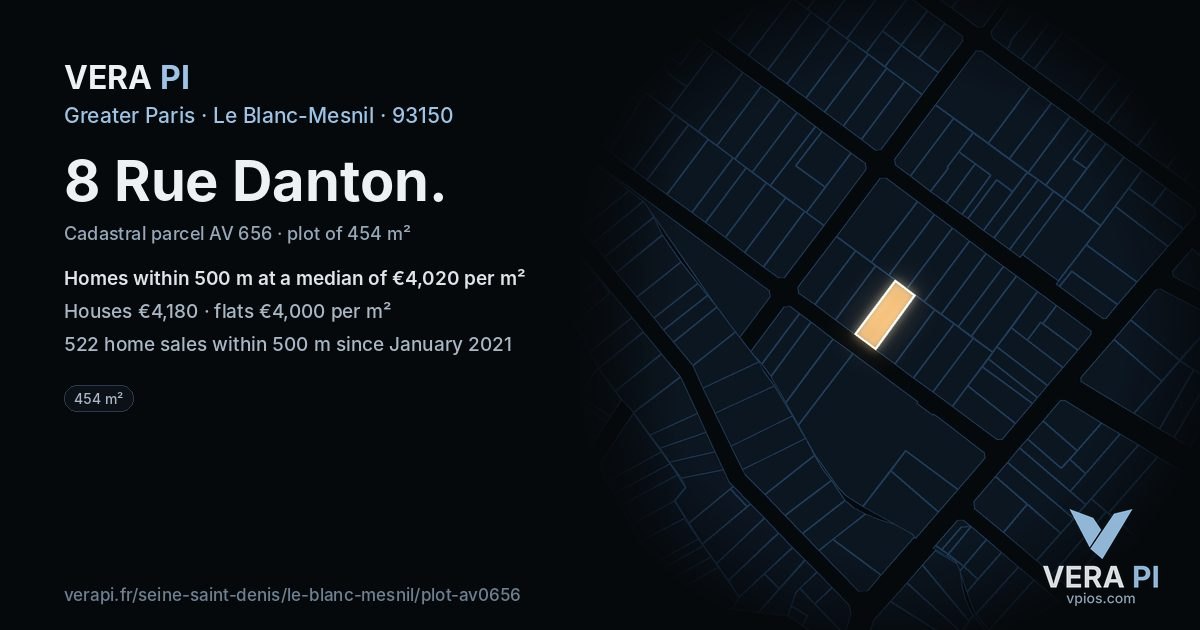 8 Rue Danton, Le Blanc-Mesnil at night – the plot lit, the parcels around coloured by the prices near them