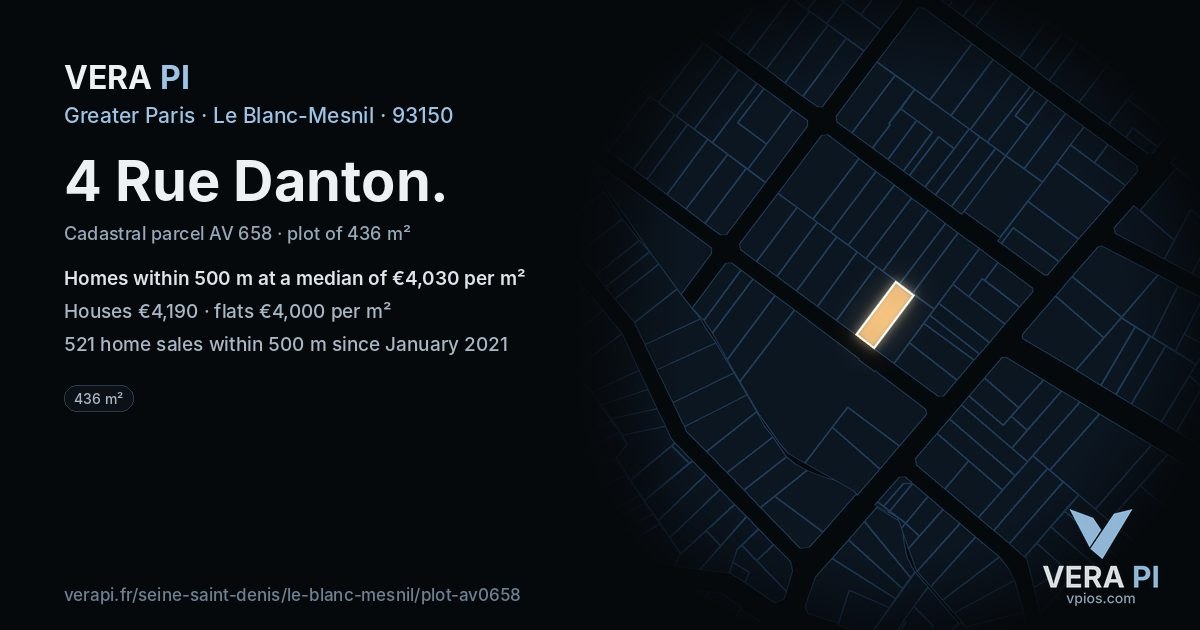 4 Rue Danton, Le Blanc-Mesnil at night – the plot lit, the parcels around coloured by the prices near them
