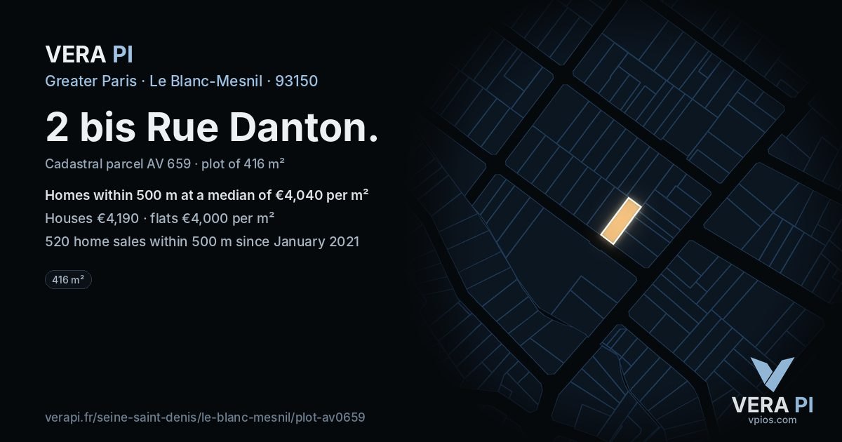 2 bis Rue Danton, Le Blanc-Mesnil at night – the plot lit, the parcels around coloured by the prices near them
