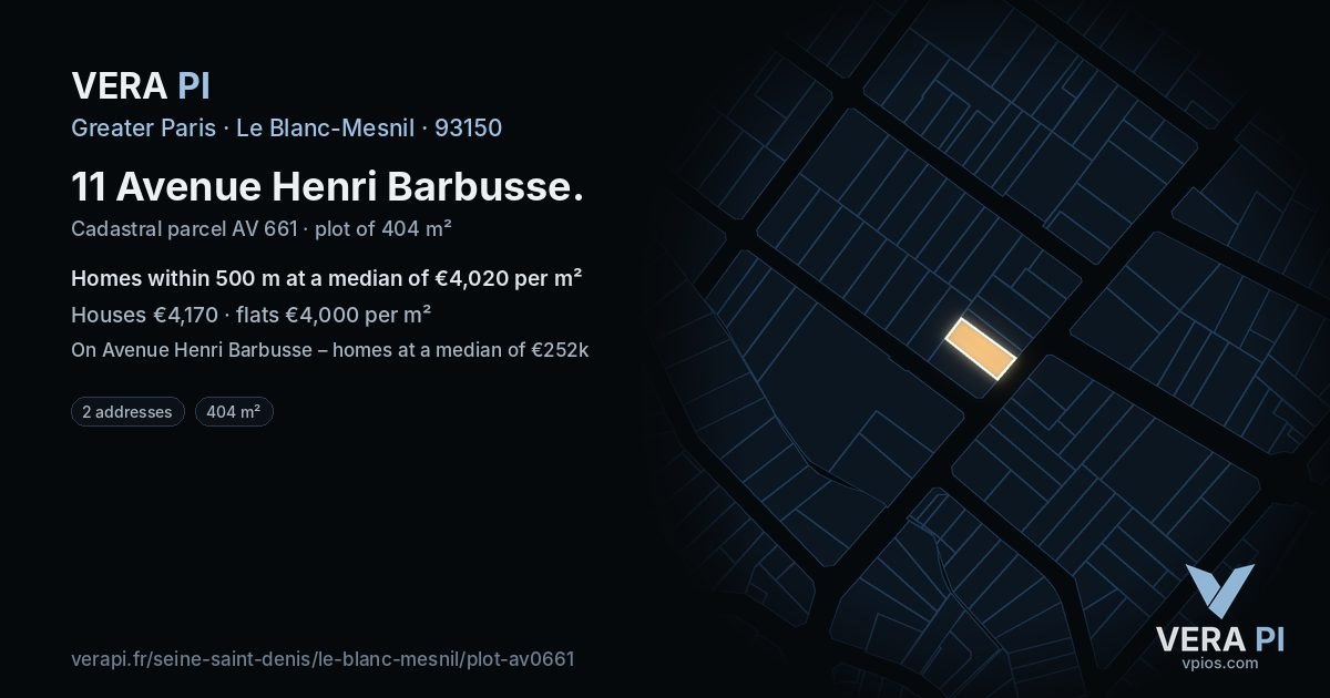 11 Avenue Henri Barbusse, Le Blanc-Mesnil at night – the plot lit, the parcels around coloured by the prices near them