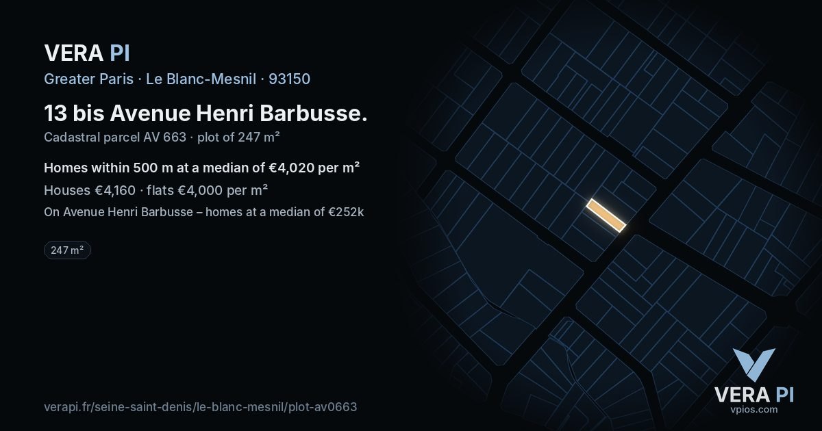 13 bis Avenue Henri Barbusse, Le Blanc-Mesnil at night – the plot lit, the parcels around coloured by the prices near them