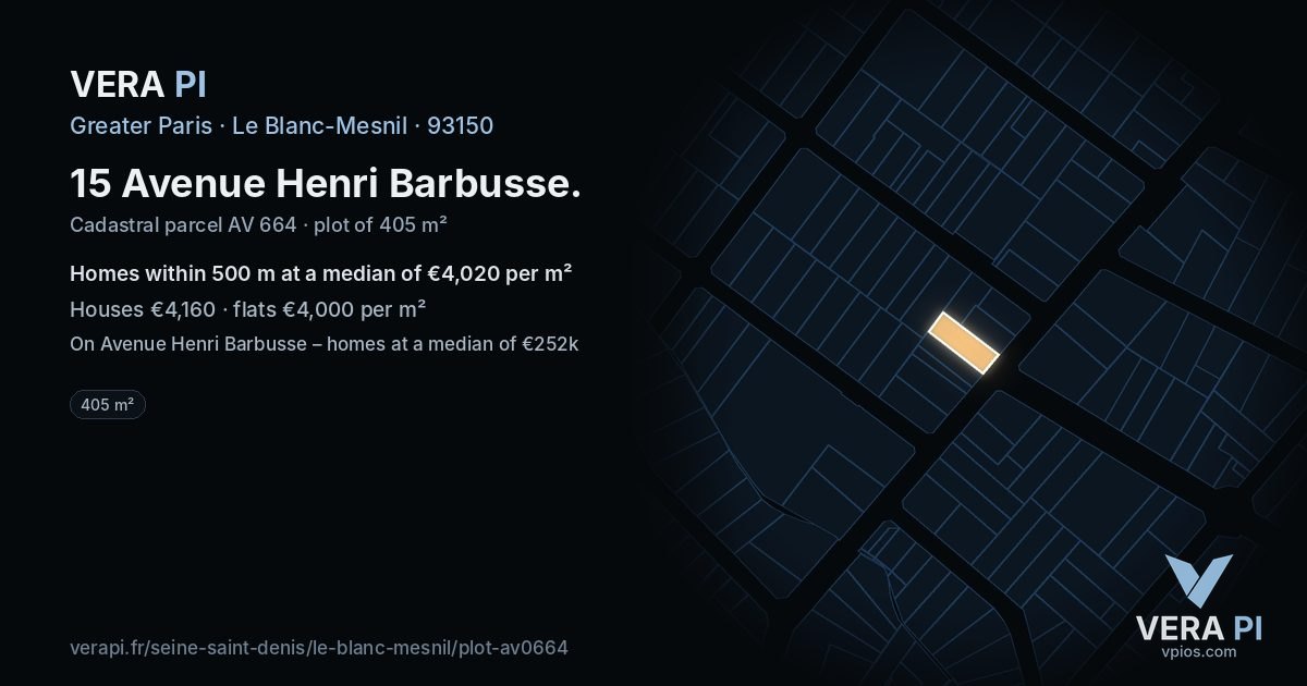 15 Avenue Henri Barbusse, Le Blanc-Mesnil at night – the plot lit, the parcels around coloured by the prices near them