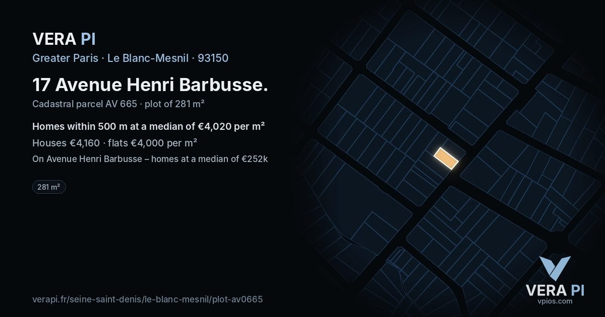17 Avenue Henri Barbusse, Le Blanc-Mesnil at night – the plot lit, the parcels around coloured by the prices near them