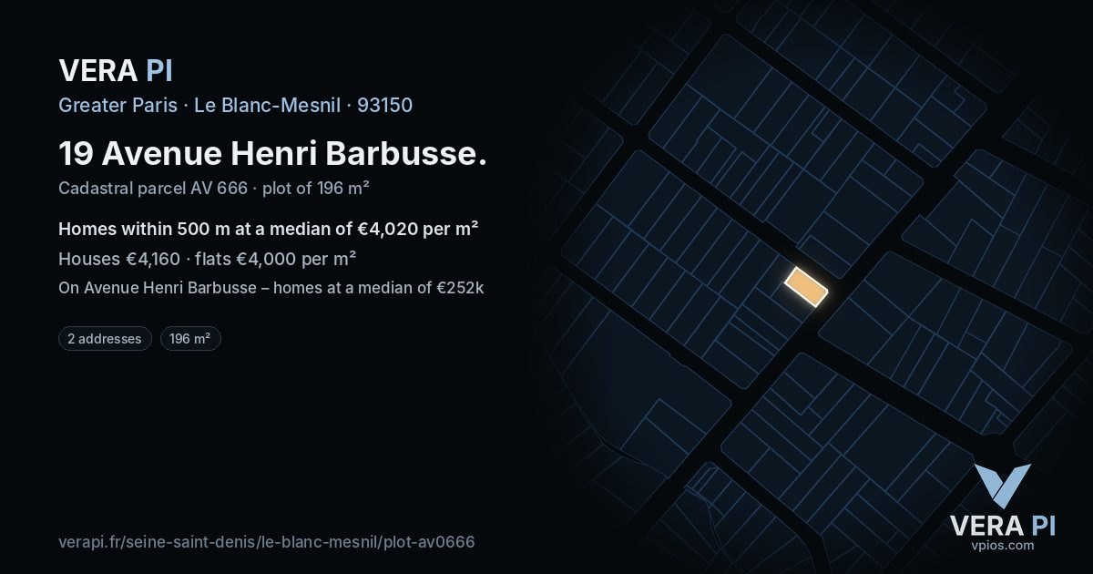 19 Avenue Henri Barbusse, Le Blanc-Mesnil at night – the plot lit, the parcels around coloured by the prices near them