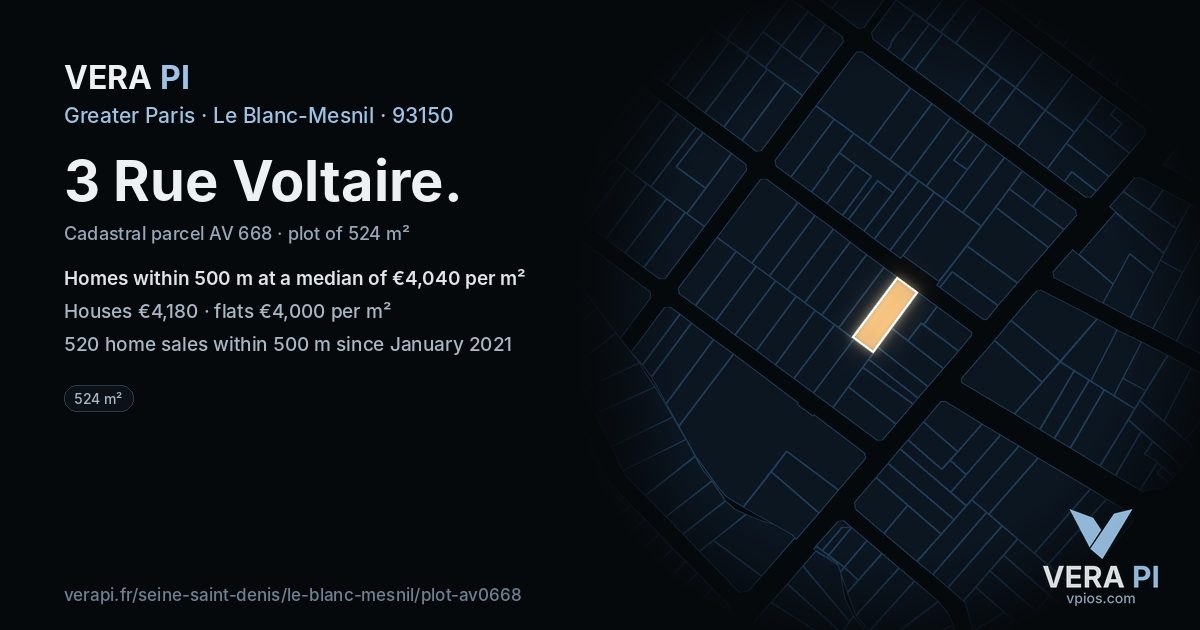 3 Rue Voltaire, Le Blanc-Mesnil at night – the plot lit, the parcels around coloured by the prices near them