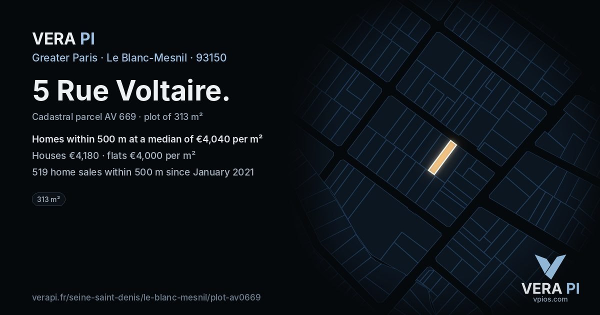 5 Rue Voltaire, Le Blanc-Mesnil at night – the plot lit, the parcels around coloured by the prices near them