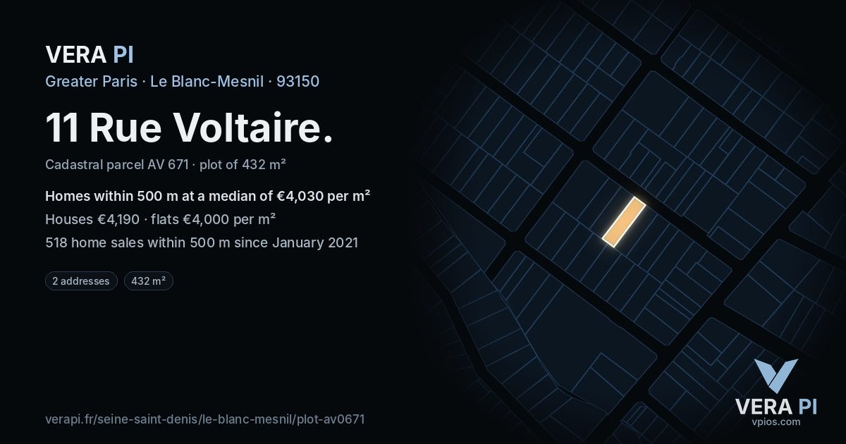 11 Rue Voltaire, Le Blanc-Mesnil at night – the plot lit, the parcels around coloured by the prices near them