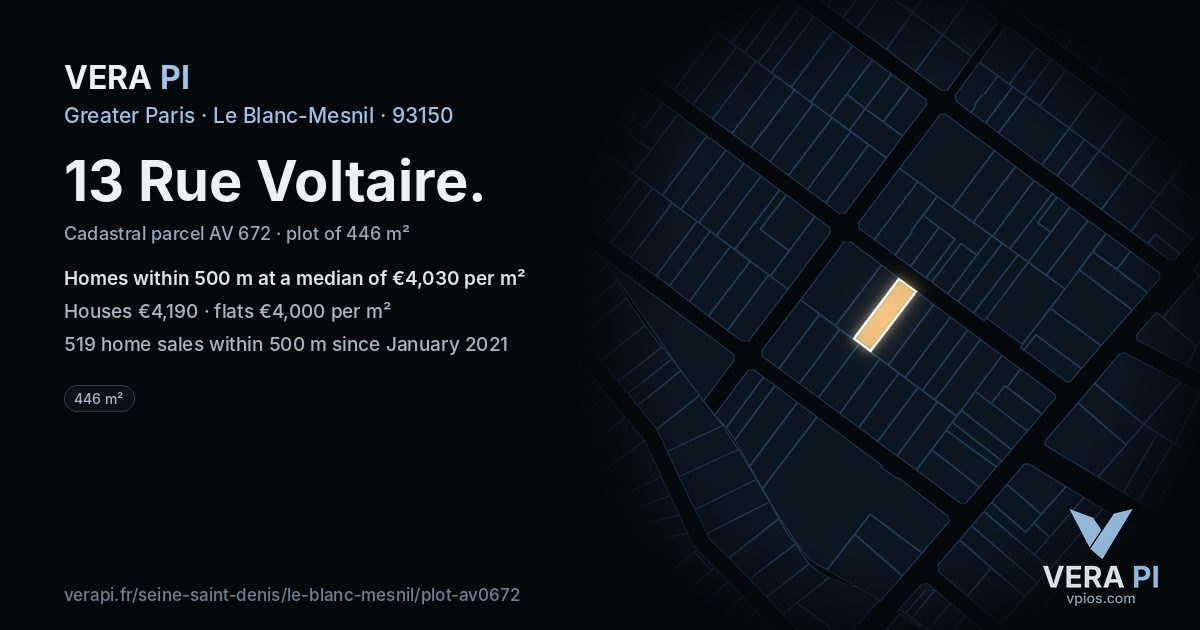 13 Rue Voltaire, Le Blanc-Mesnil at night – the plot lit, the parcels around coloured by the prices near them