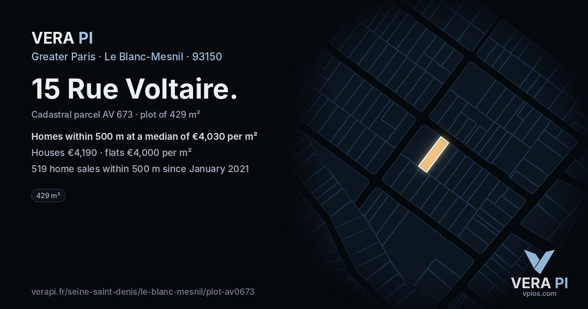 15 Rue Voltaire, Le Blanc-Mesnil at night – the plot lit, the parcels around coloured by the prices near them