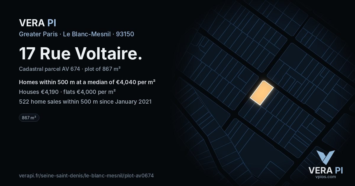 17 Rue Voltaire, Le Blanc-Mesnil at night – the plot lit, the parcels around coloured by the prices near them