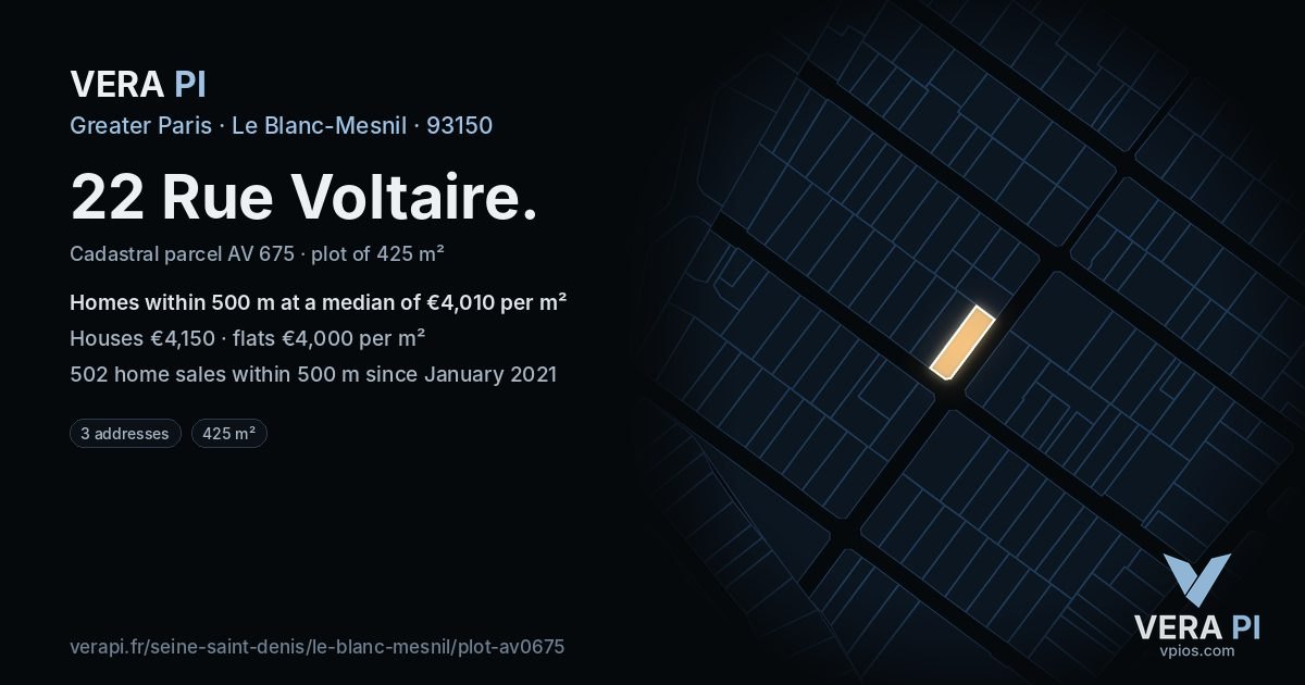 22 Rue Voltaire, Le Blanc-Mesnil at night – the plot lit, the parcels around coloured by the prices near them