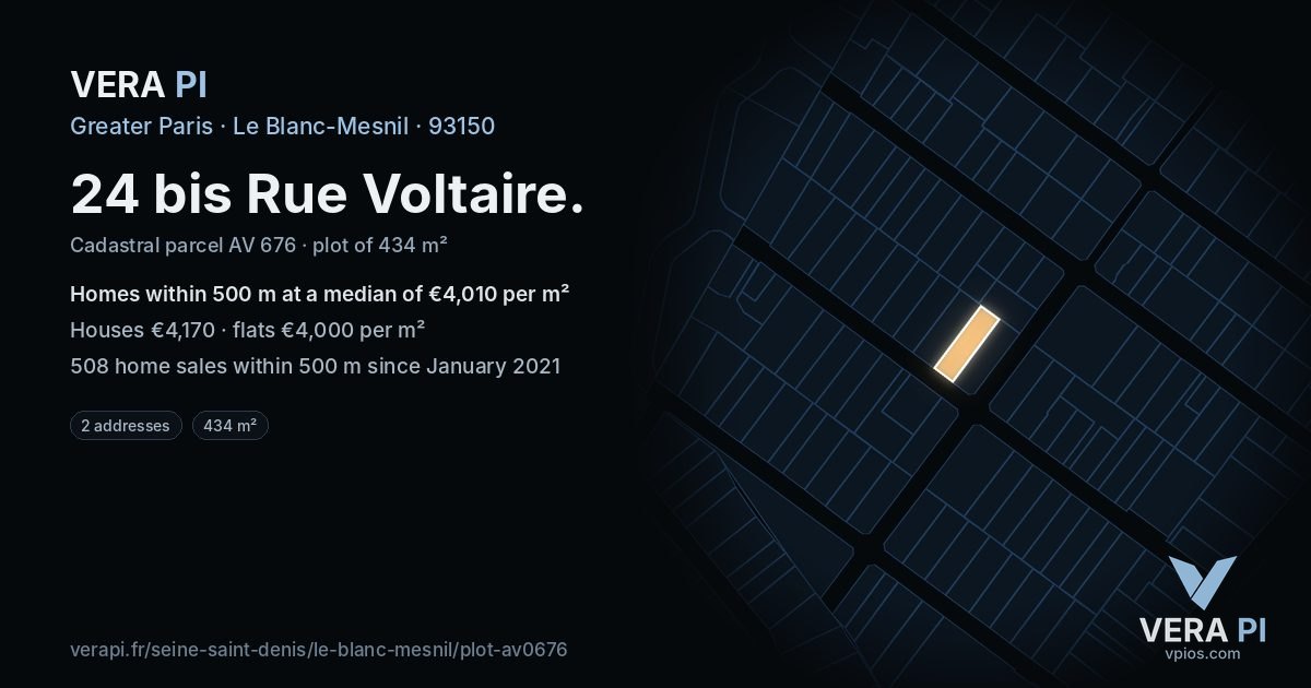 24 bis Rue Voltaire, Le Blanc-Mesnil at night – the plot lit, the parcels around coloured by the prices near them