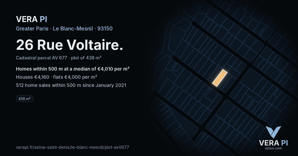26 Rue Voltaire, Le Blanc-Mesnil at night – the plot lit, the parcels around coloured by the prices near them