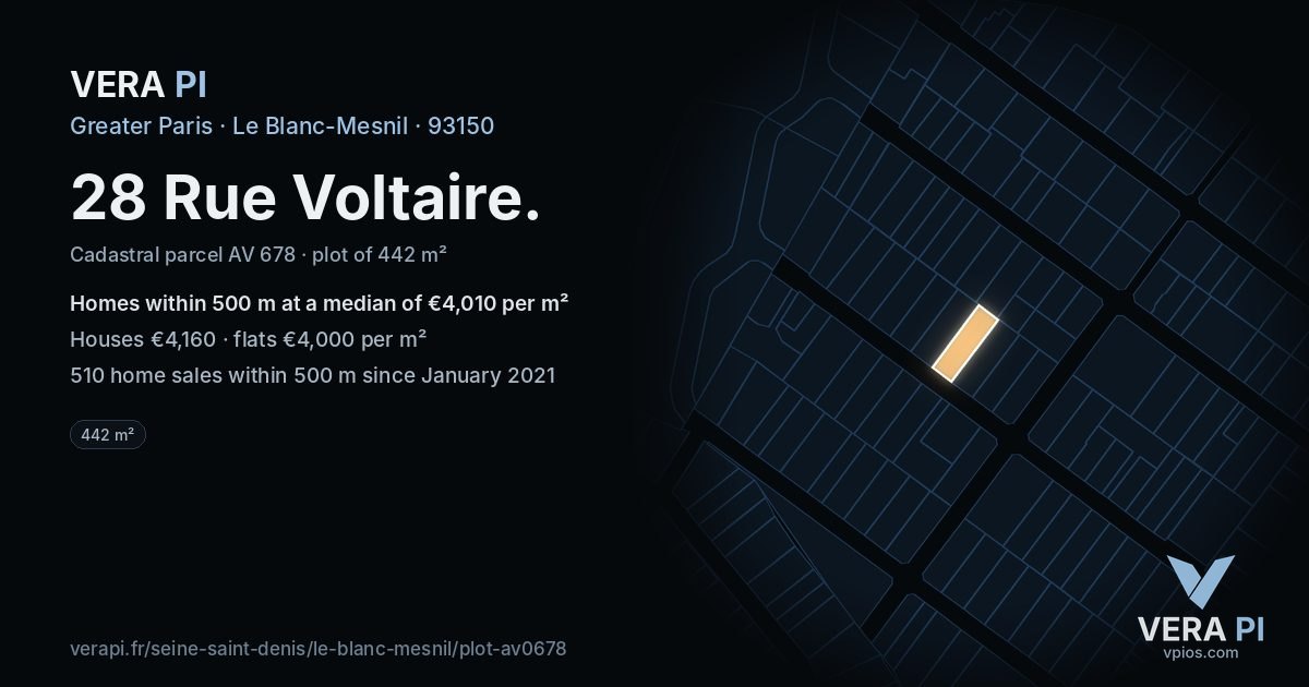 28 Rue Voltaire, Le Blanc-Mesnil at night – the plot lit, the parcels around coloured by the prices near them
