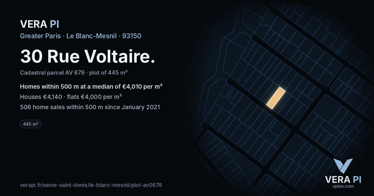 30 Rue Voltaire, Le Blanc-Mesnil at night – the plot lit, the parcels around coloured by the prices near them