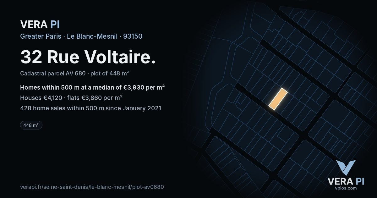32 Rue Voltaire, Le Blanc-Mesnil at night – the plot lit, the parcels around coloured by the prices near them