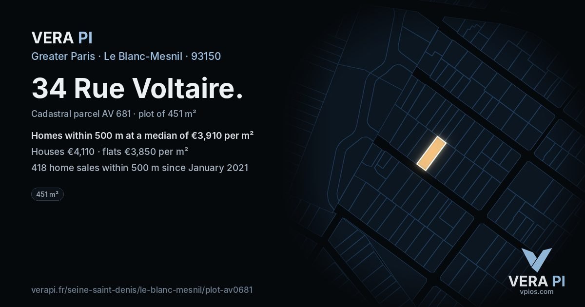 34 Rue Voltaire, Le Blanc-Mesnil at night – the plot lit, the parcels around coloured by the prices near them