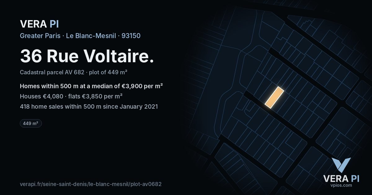 36 Rue Voltaire, Le Blanc-Mesnil at night – the plot lit, the parcels around coloured by the prices near them