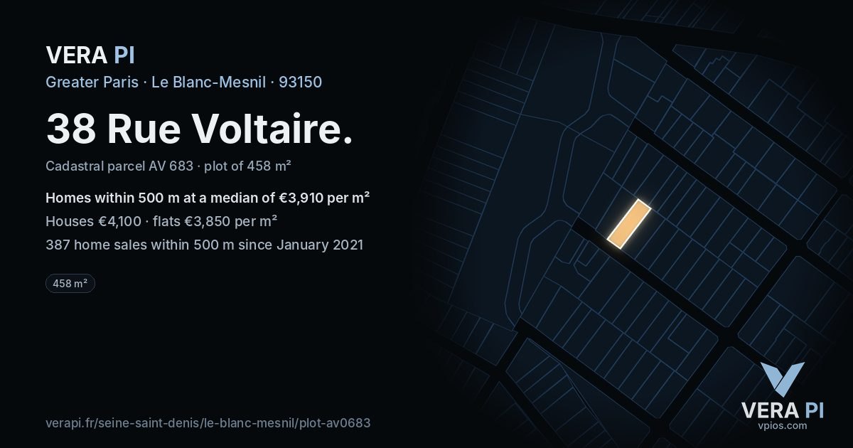 38 Rue Voltaire, Le Blanc-Mesnil at night – the plot lit, the parcels around coloured by the prices near them