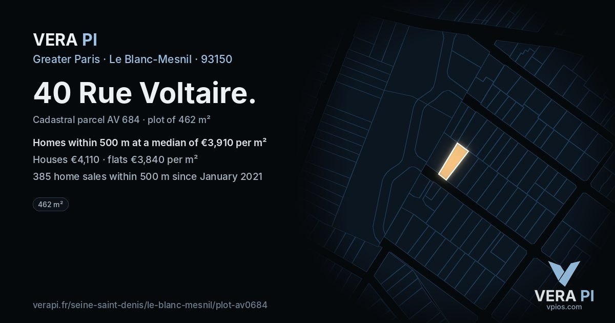40 Rue Voltaire, Le Blanc-Mesnil at night – the plot lit, the parcels around coloured by the prices near them