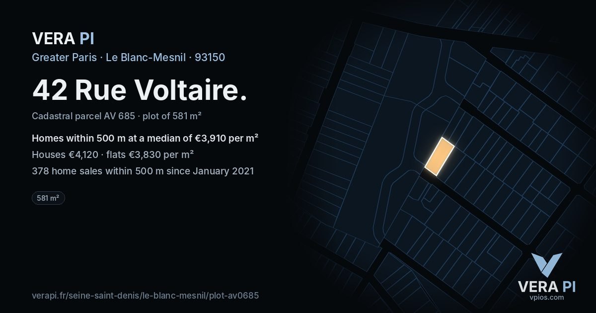 42 Rue Voltaire, Le Blanc-Mesnil at night – the plot lit, the parcels around coloured by the prices near them