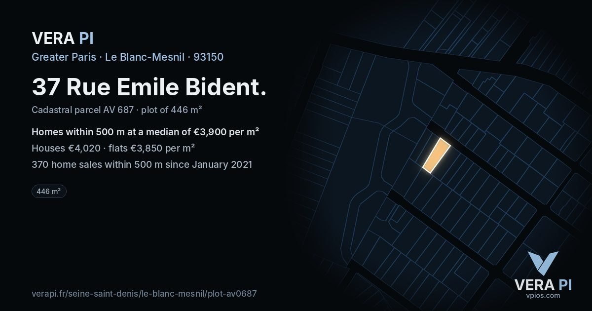 37 Rue Emile Bident, Le Blanc-Mesnil at night – the plot lit, the parcels around coloured by the prices near them