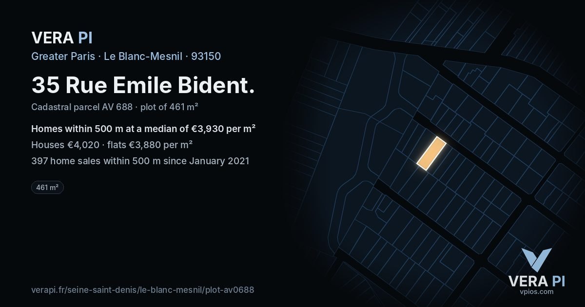 35 Rue Emile Bident, Le Blanc-Mesnil at night – the plot lit, the parcels around coloured by the prices near them