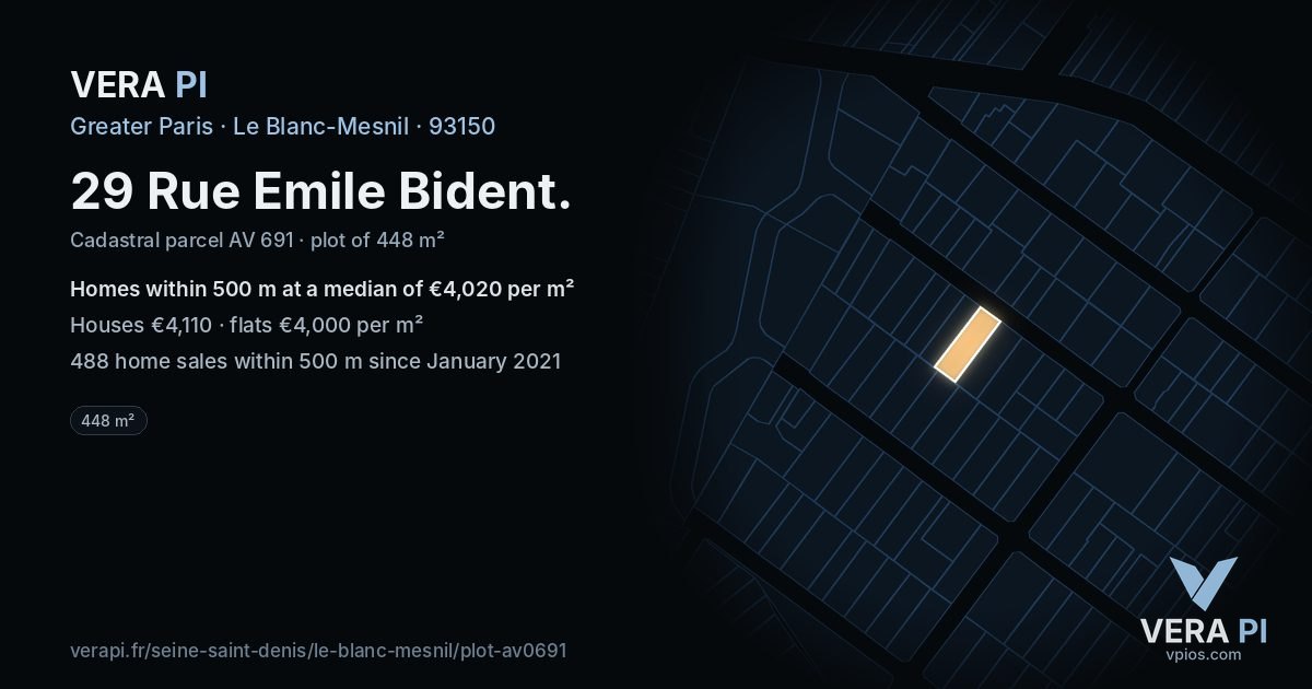 29 Rue Emile Bident, Le Blanc-Mesnil at night – the plot lit, the parcels around coloured by the prices near them