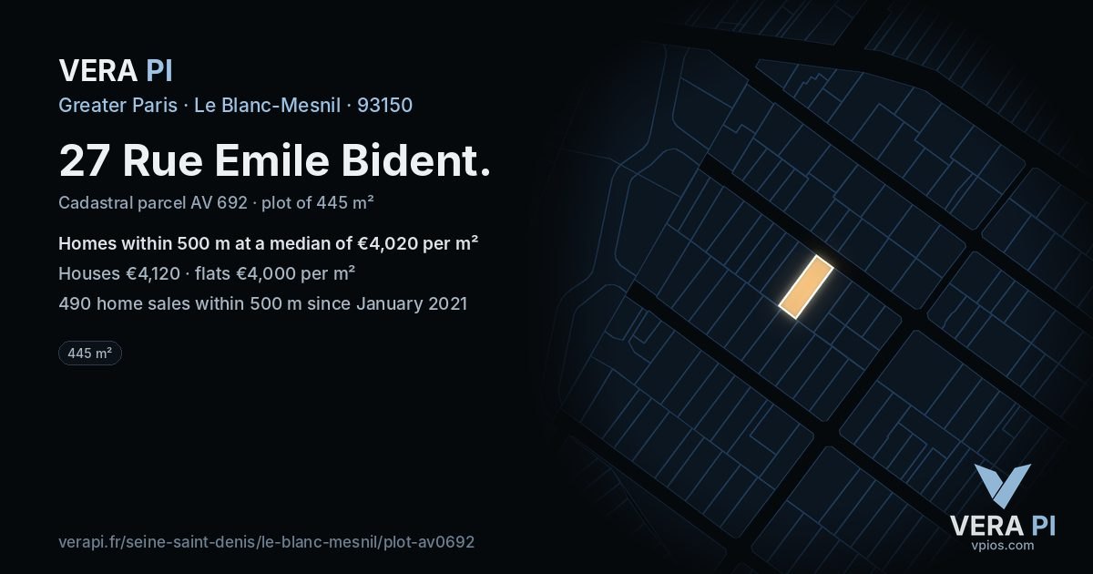 27 Rue Emile Bident, Le Blanc-Mesnil at night – the plot lit, the parcels around coloured by the prices near them