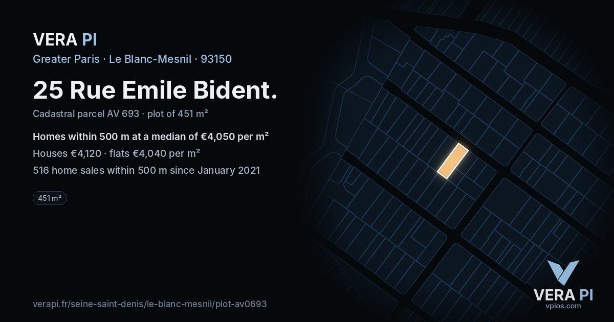 25 Rue Emile Bident, Le Blanc-Mesnil at night – the plot lit, the parcels around coloured by the prices near them