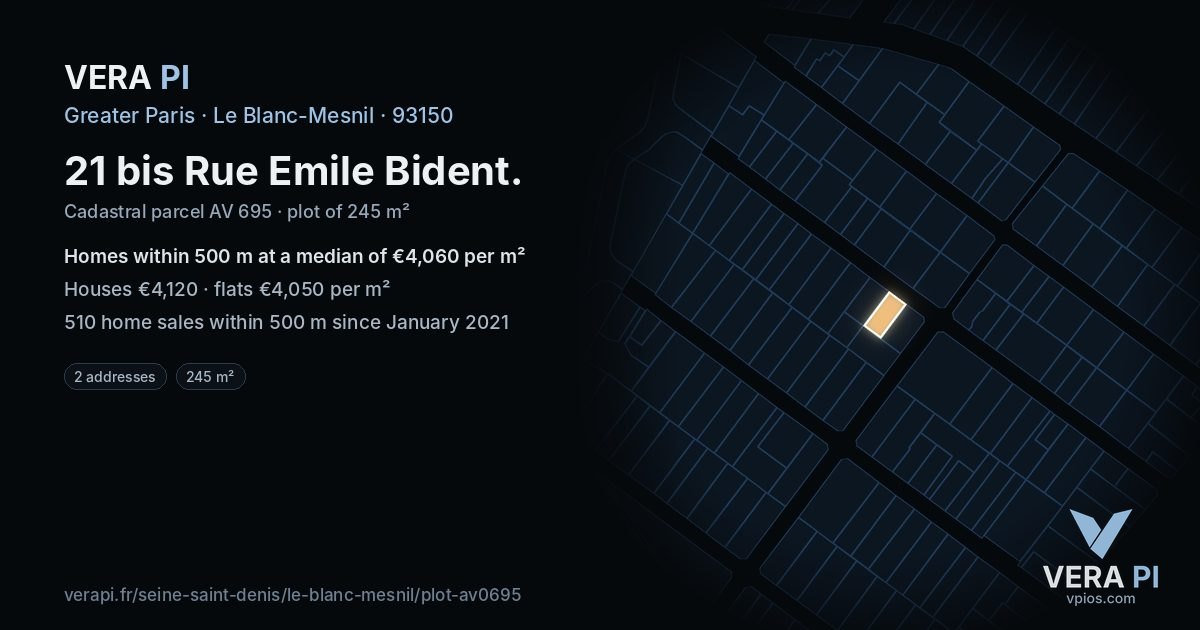 21 bis Rue Emile Bident, Le Blanc-Mesnil at night – the plot lit, the parcels around coloured by the prices near them