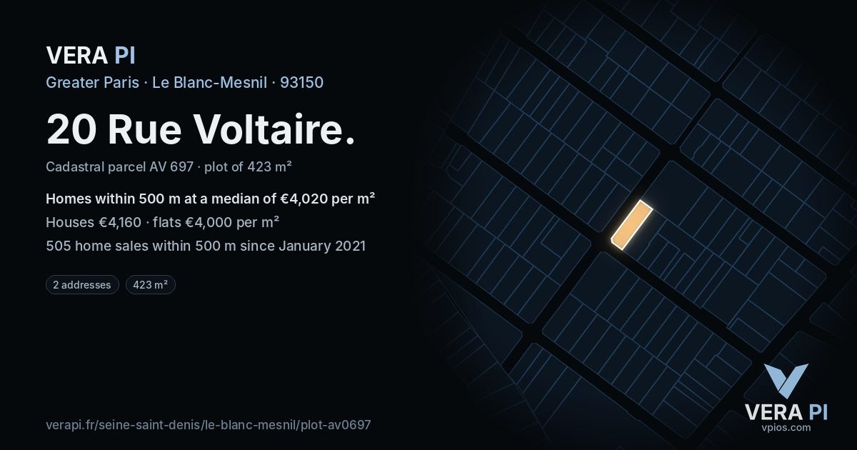 20 Rue Voltaire, Le Blanc-Mesnil at night – the plot lit, the parcels around coloured by the prices near them