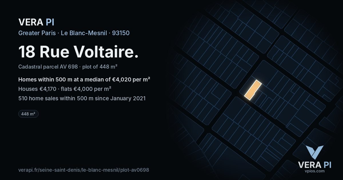 18 Rue Voltaire, Le Blanc-Mesnil at night – the plot lit, the parcels around coloured by the prices near them