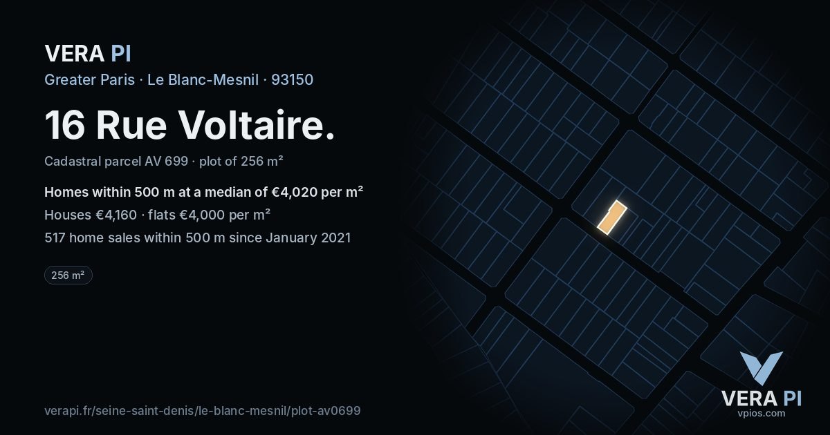 16 Rue Voltaire, Le Blanc-Mesnil at night – the plot lit, the parcels around coloured by the prices near them