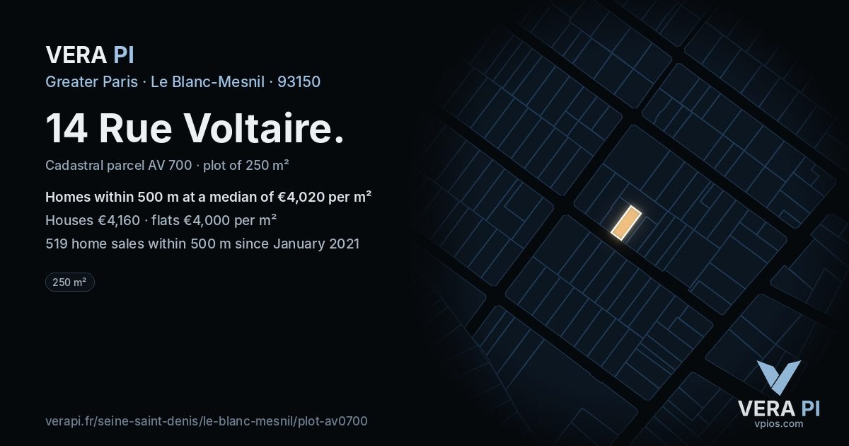 14 Rue Voltaire, Le Blanc-Mesnil at night – the plot lit, the parcels around coloured by the prices near them