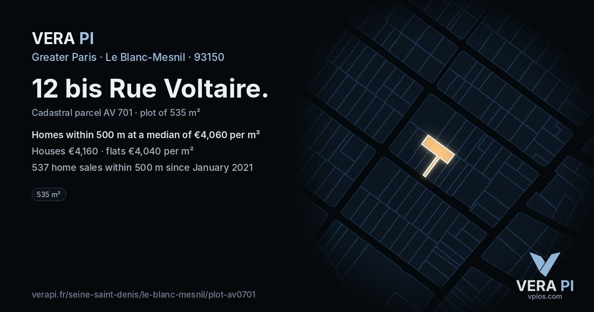 12 bis Rue Voltaire, Le Blanc-Mesnil at night – the plot lit, the parcels around coloured by the prices near them