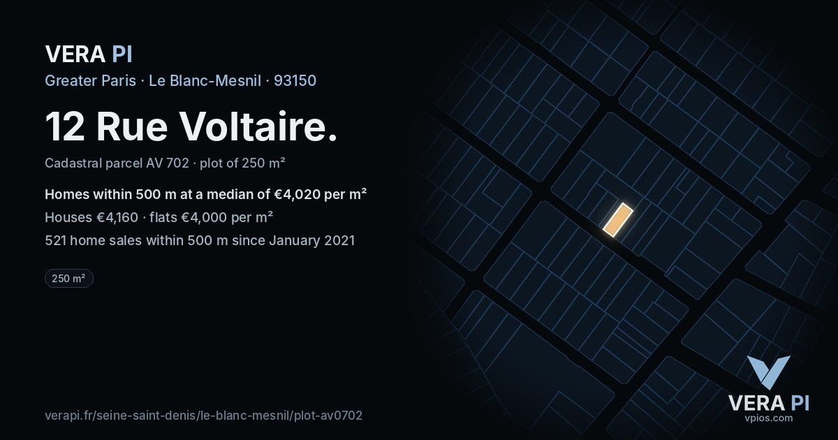 12 Rue Voltaire, Le Blanc-Mesnil at night – the plot lit, the parcels around coloured by the prices near them