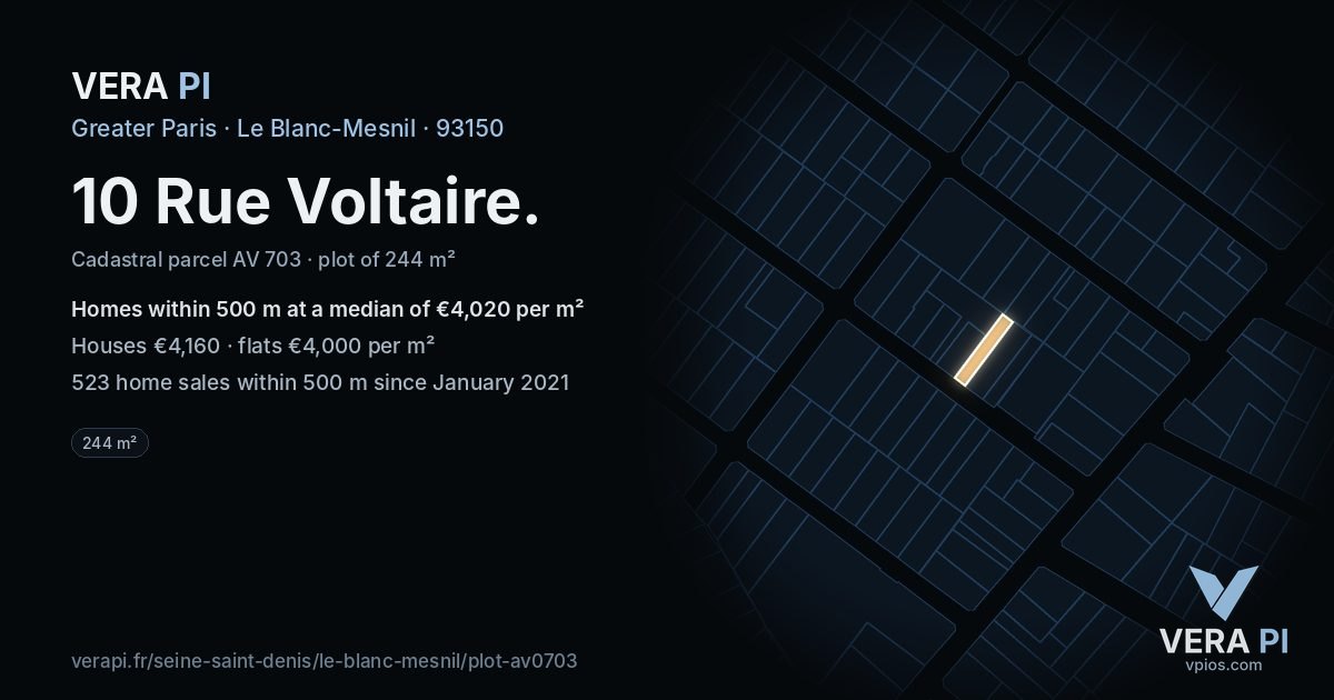 10 Rue Voltaire, Le Blanc-Mesnil at night – the plot lit, the parcels around coloured by the prices near them