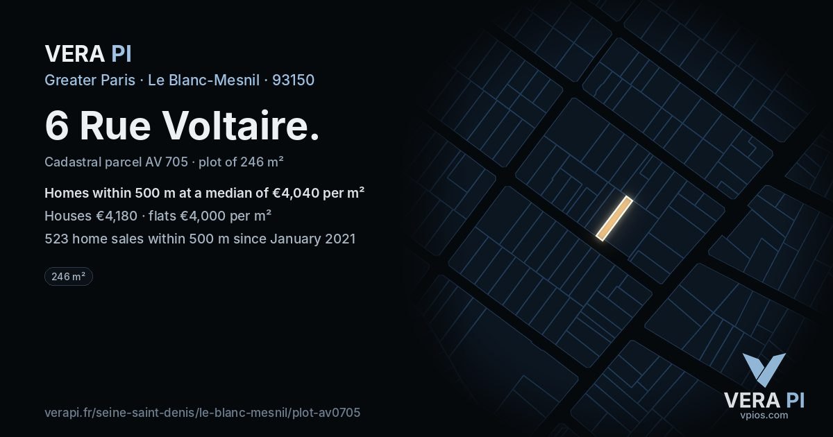 6 Rue Voltaire, Le Blanc-Mesnil at night – the plot lit, the parcels around coloured by the prices near them