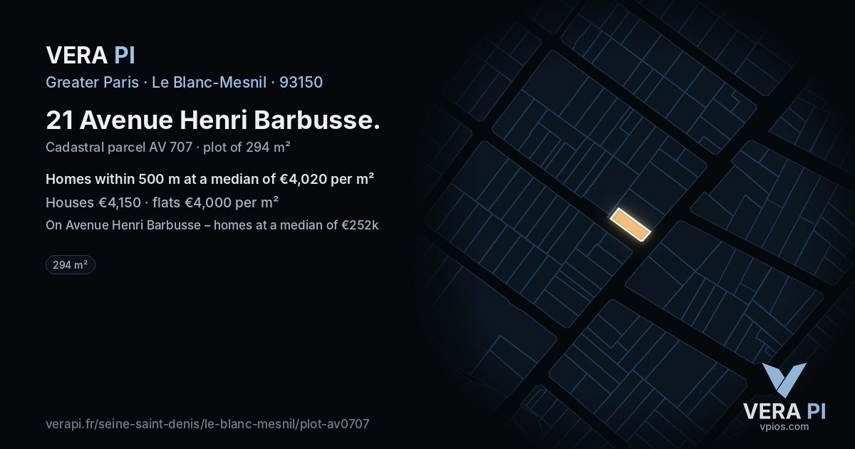 21 Avenue Henri Barbusse, Le Blanc-Mesnil at night – the plot lit, the parcels around coloured by the prices near them