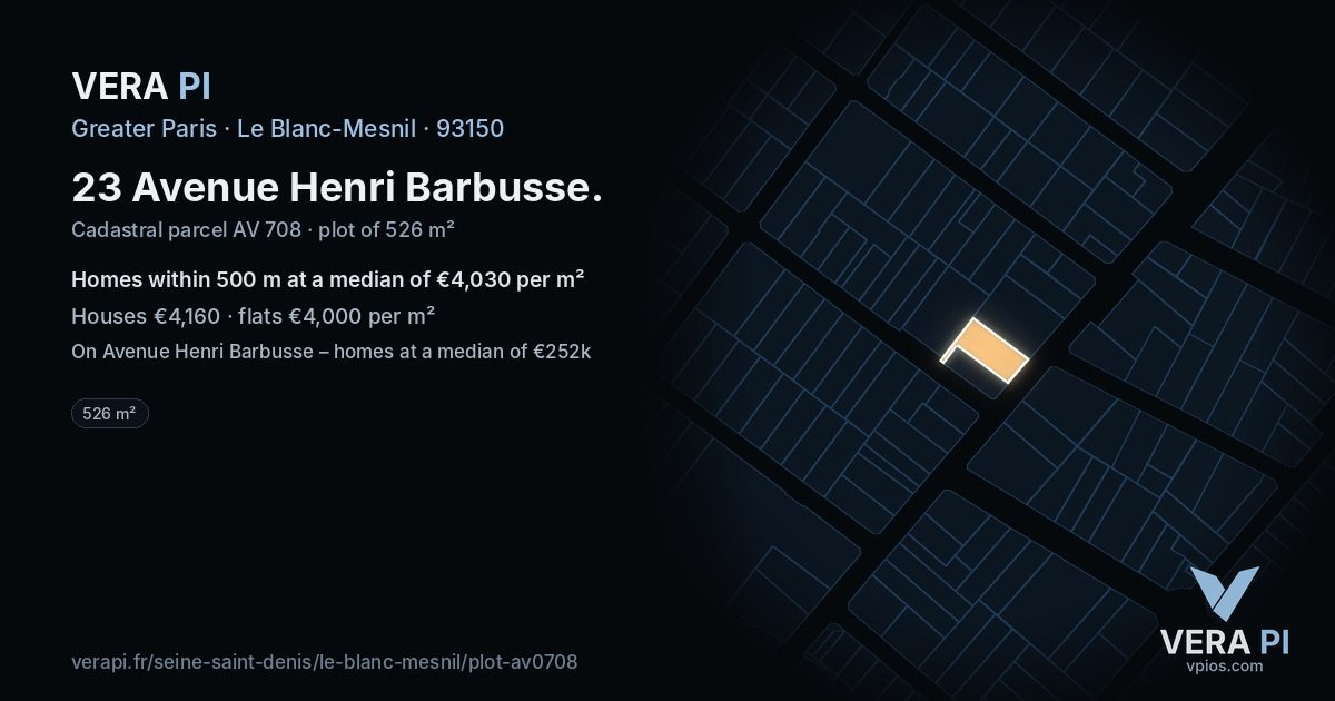 23 Avenue Henri Barbusse, Le Blanc-Mesnil at night – the plot lit, the parcels around coloured by the prices near them