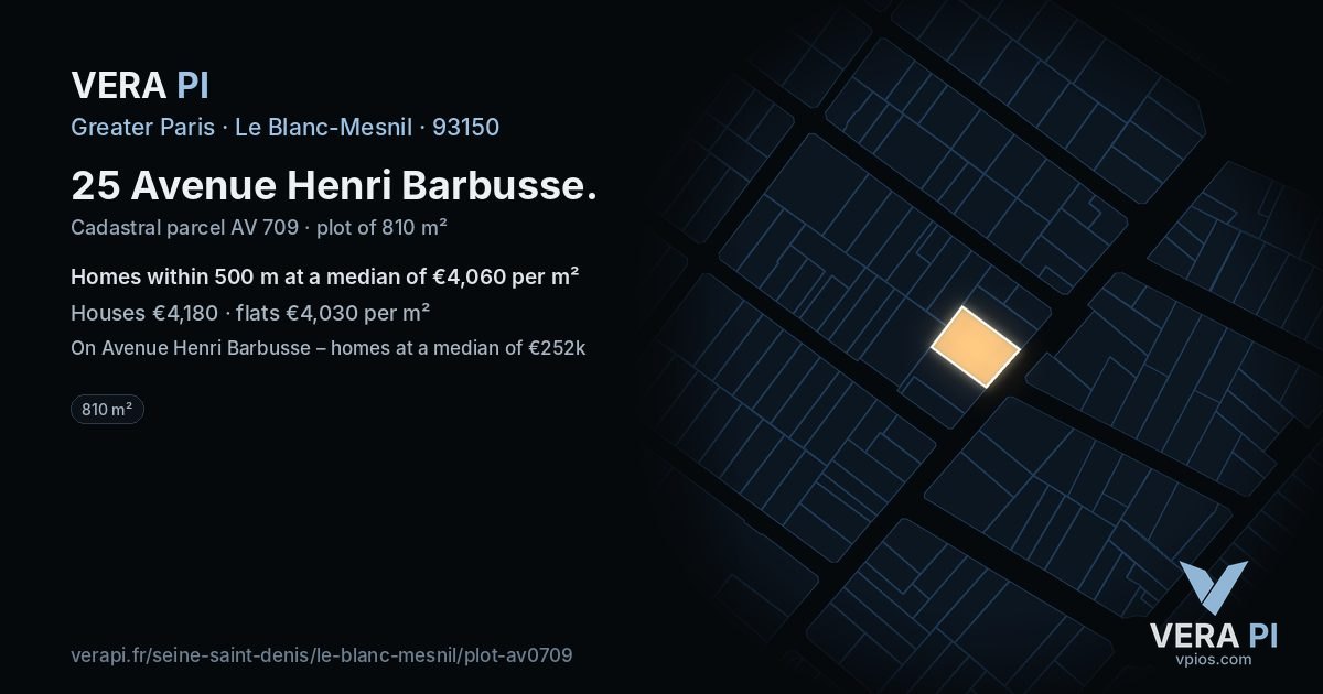 25 Avenue Henri Barbusse, Le Blanc-Mesnil at night – the plot lit, the parcels around coloured by the prices near them